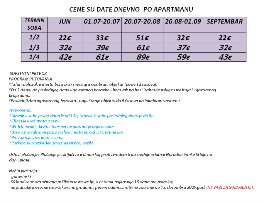 Apartmani „ Bujkovic“ cenovnik